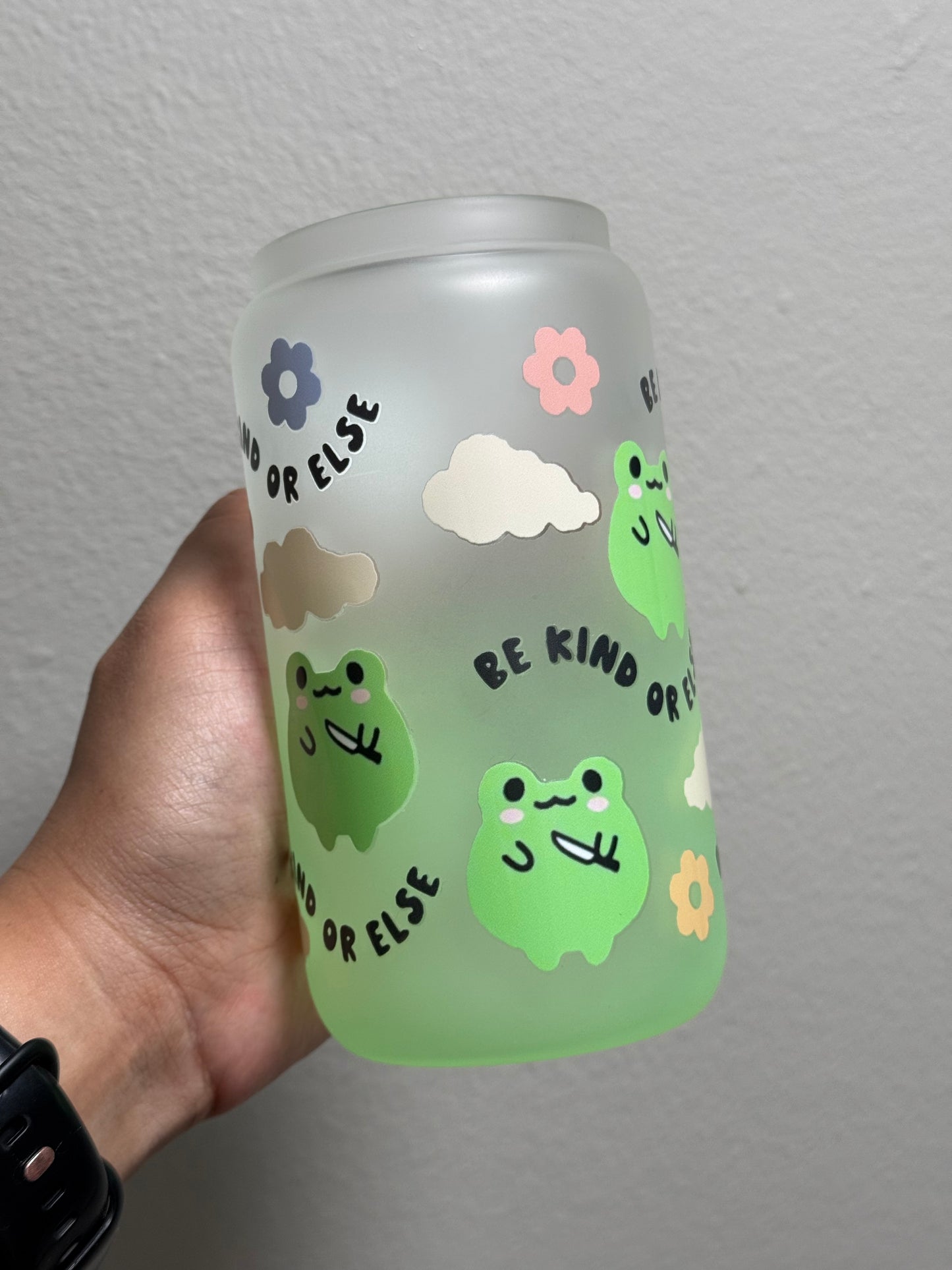 16oz Be Kind or Else Frosted Gradient Green Glass Can Only *oopsie edition*