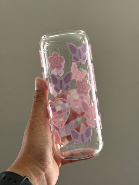 20oz [Double-Sided] Pastel Butterflies and Heart Discos Clear Glass Can Only*