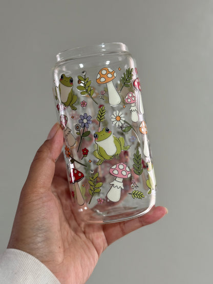 16oz [Double-Sided] Cottagecore Mushroom & Froggies Clear Glass Can Only*