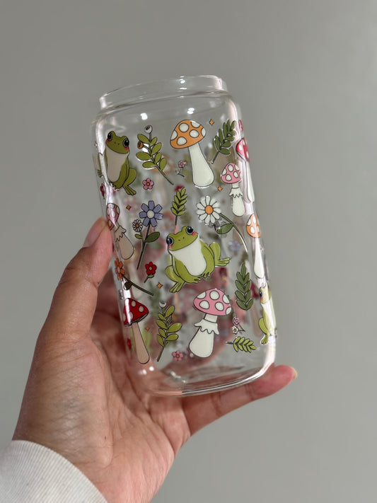 16oz [Double-Sided] Cottagecore Mushroom & Froggies Clear Glass Can Only*