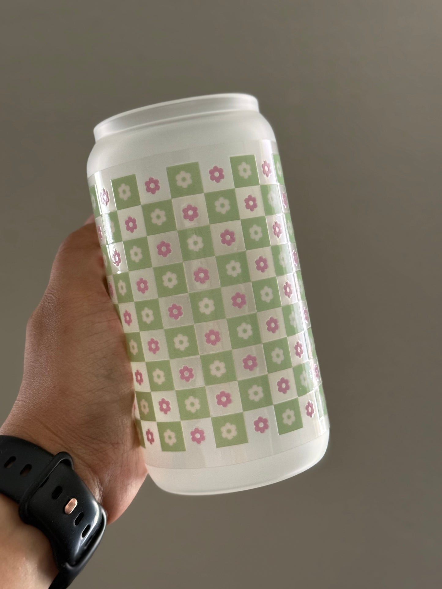 [Double-Sided] Green and White Checkered CYO 16oz Glass Can Only*