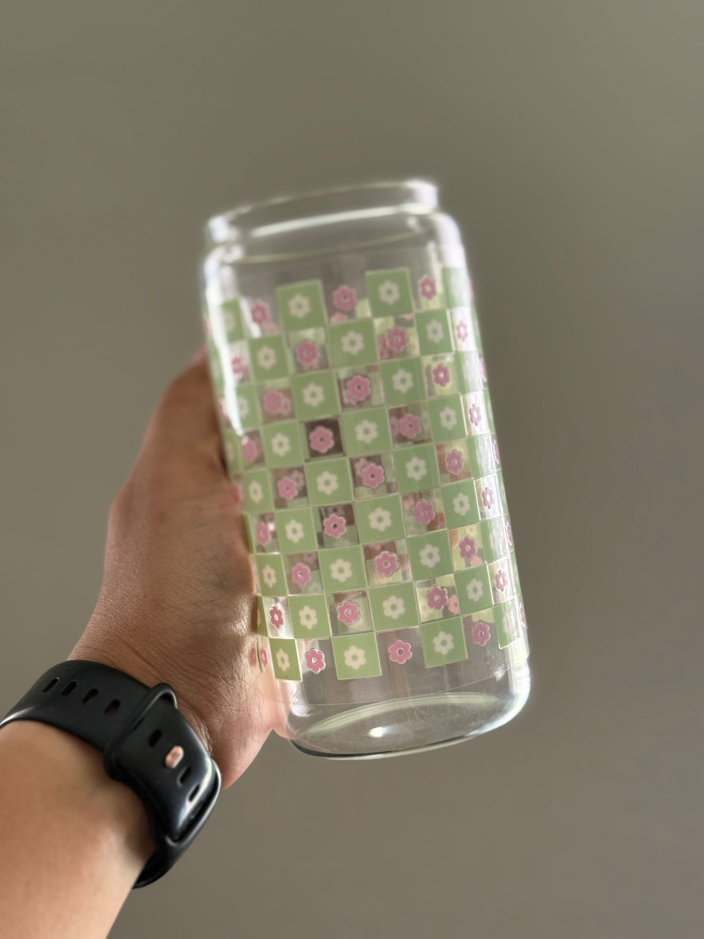 [Double-Sided] Green and White Checkered CYO 16oz Glass Can Only*