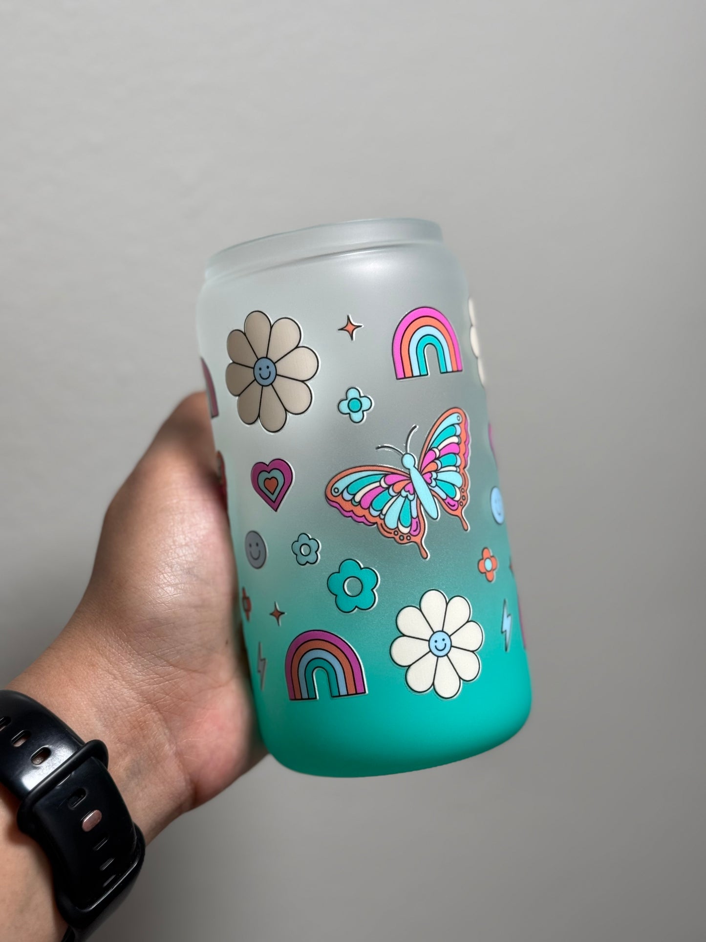 16oz Retro Whimsical Frosted Gradient Aqua Blue Glass Can Only