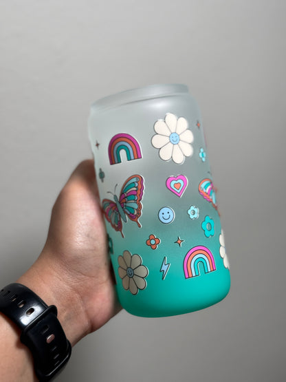 16oz Retro Whimsical Frosted Gradient Aqua Blue Glass Can Only