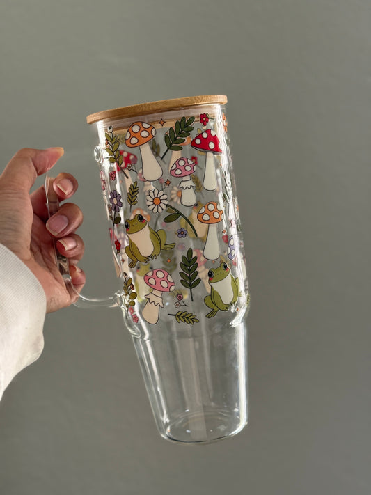 40oz [Double-Sided] Cottagecore Mushroom & Froggies Clear Glass Tumbler
