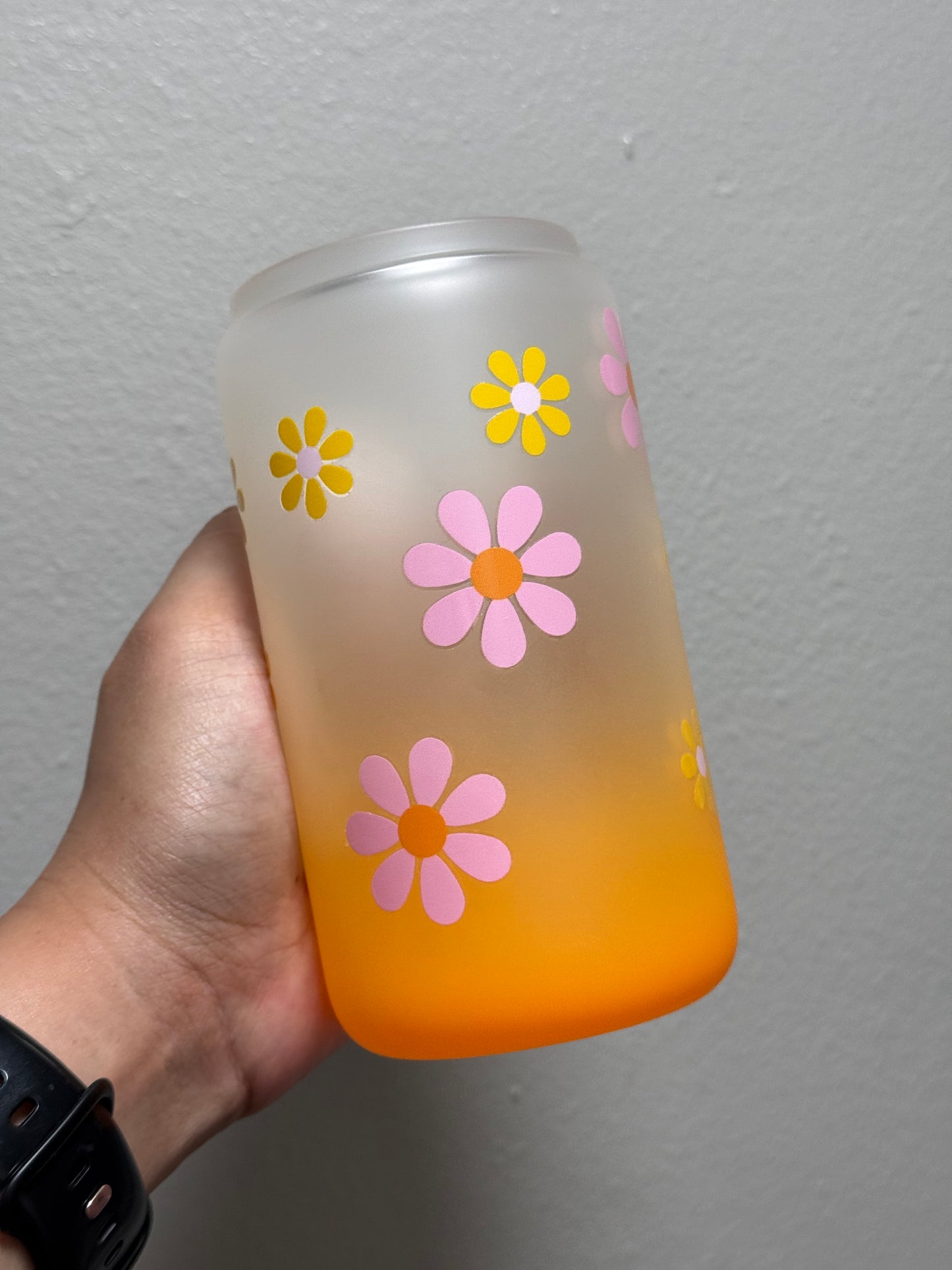 16oz Floral Iced Coffee is Always a Good Idea Frosted Gradient Orange Glass Can Only