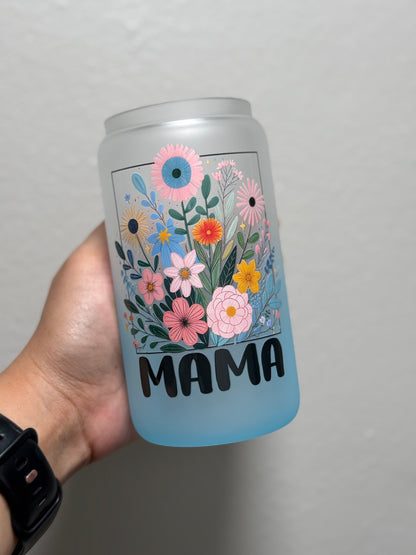 16oz Floral Mama Frosted Gradient Blue Glass Can Only