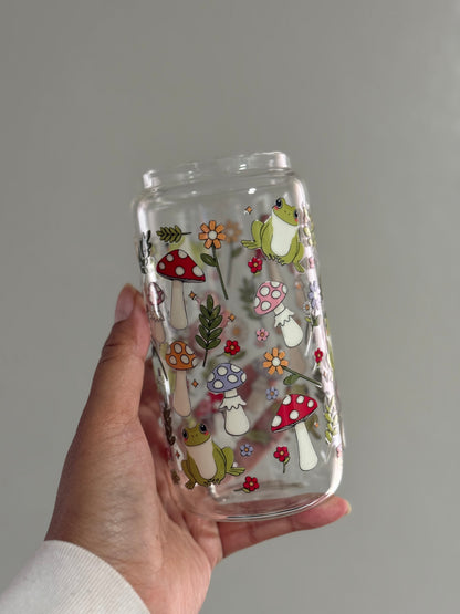 16oz [Double-Sided] Cottagecore Mushroom & Froggies Clear Glass Can Only*