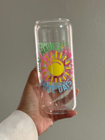 20oz [Double-Sided]Boat Waves Sun Rays Lake Days Clear Glass Can Only*