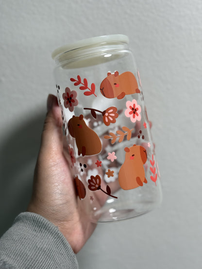 Happy Capybaras 16oz Clear Glass Can