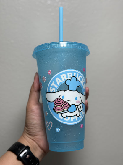 24oz Cinna Starbs Light Blue Glitter Cold Cup