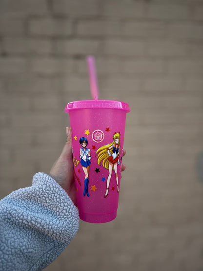 24oz Sailor Girls Hot Pink Glitter Cold Cup