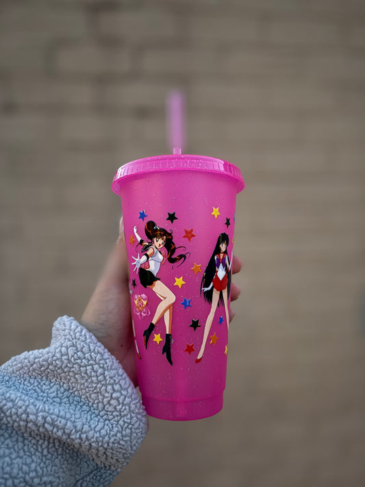 24oz Sailor Girls Hot Pink Glitter Cold Cup