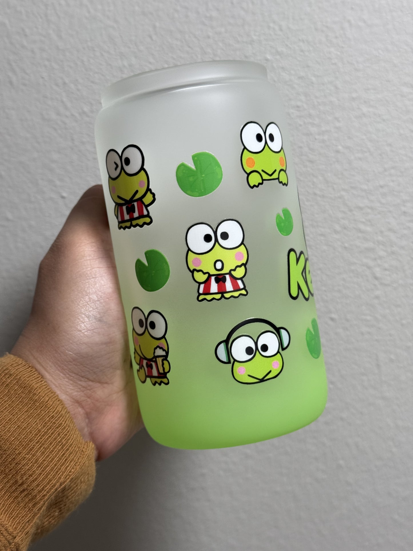 16oz Kawaii Frog Frosted Gradient Green Glass Can Only