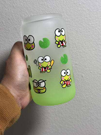 16oz Kawaii Frog Frosted Gradient Green Glass Can Only