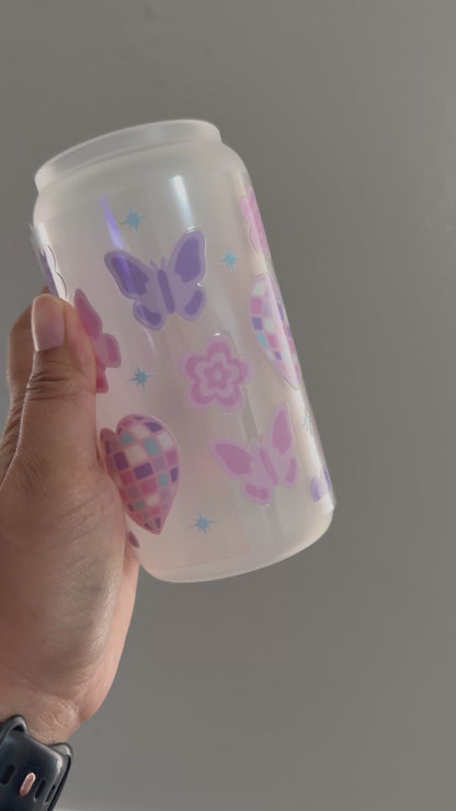 [Double-Sided] Pastel Butterflies and Heart Discos CYO 16oz Glass Can Only*