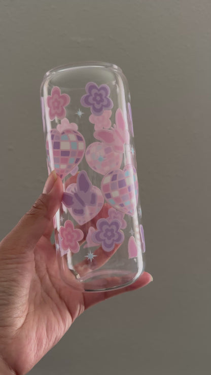 20oz [Double-Sided] Pastel Butterflies and Heart Discos Clear Glass Can Only*