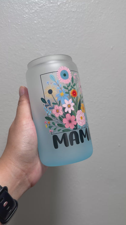 16oz Floral Mama Frosted Gradient Blue Glass Can Only