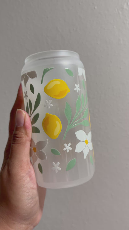 [Double-Sided] White Florals & Lemons CYO 16oz Glass Can Only*